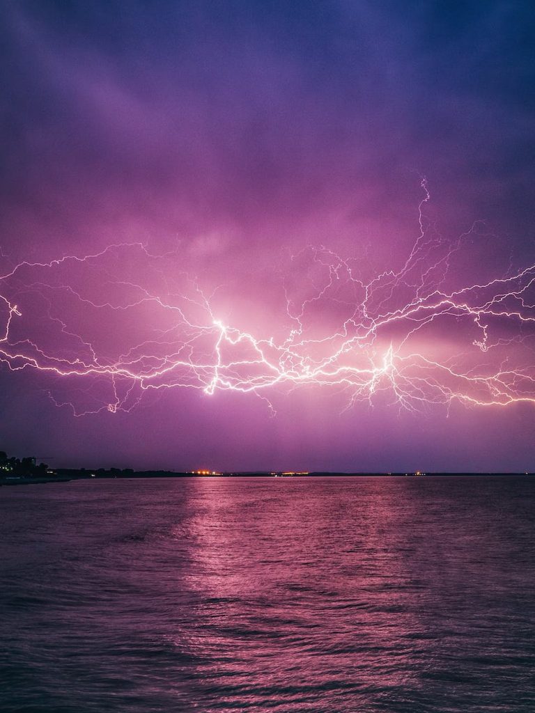 white flashes of lightning in the sky