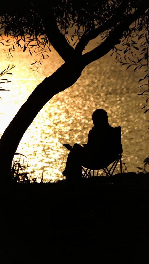 silhouette a person sitting near the lake at sunset