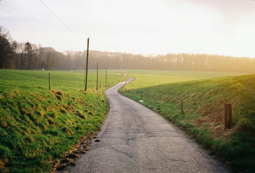 a road with grass and trees on the side
